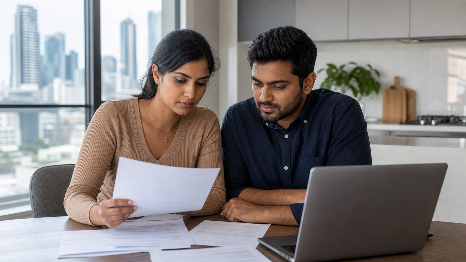 Indian-Australian professionals reviewing migration documents at home in Melbourne