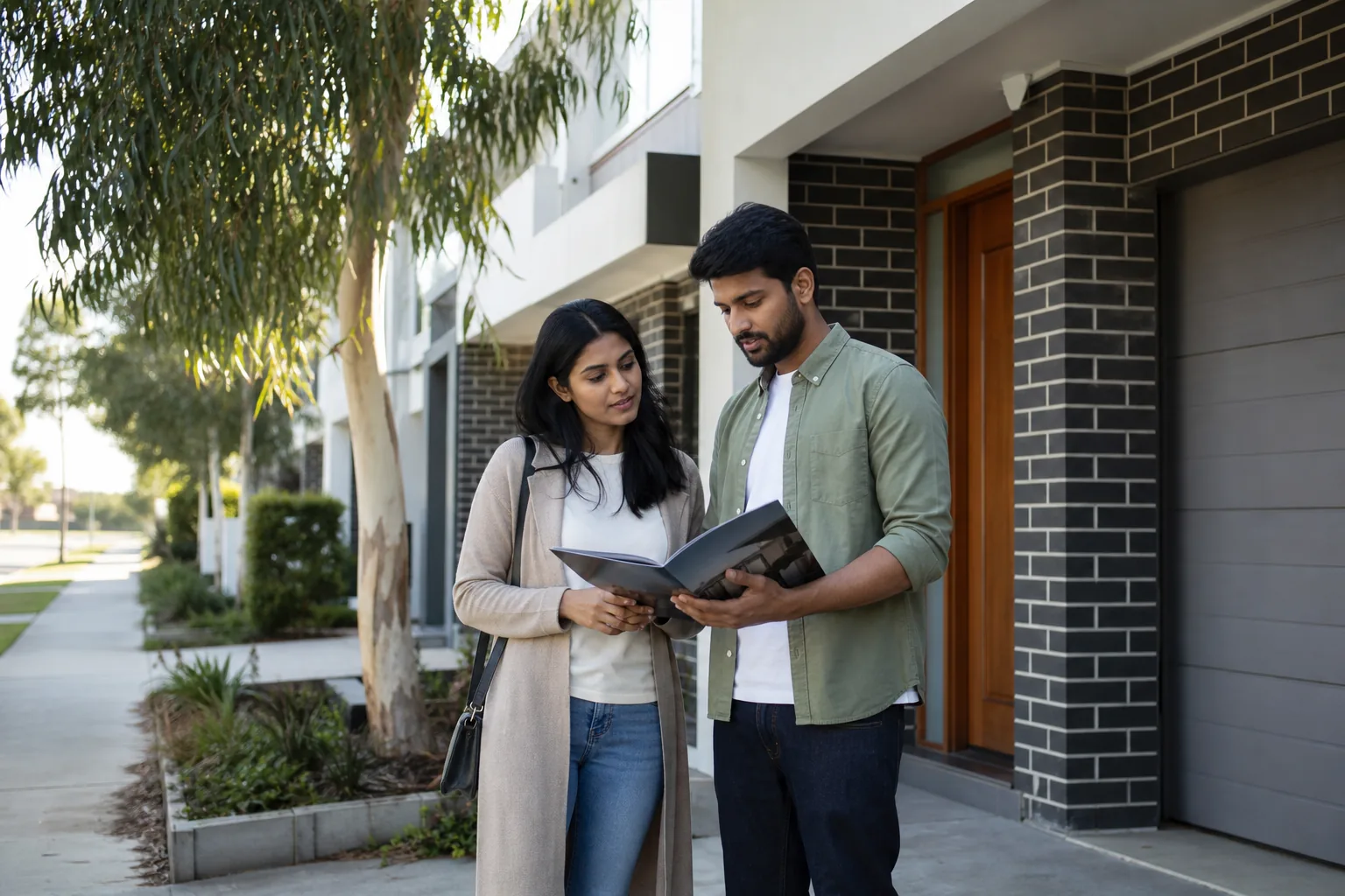 Indian-Australian couple discussing a first-home purchase outside a suburban Australian townhouse