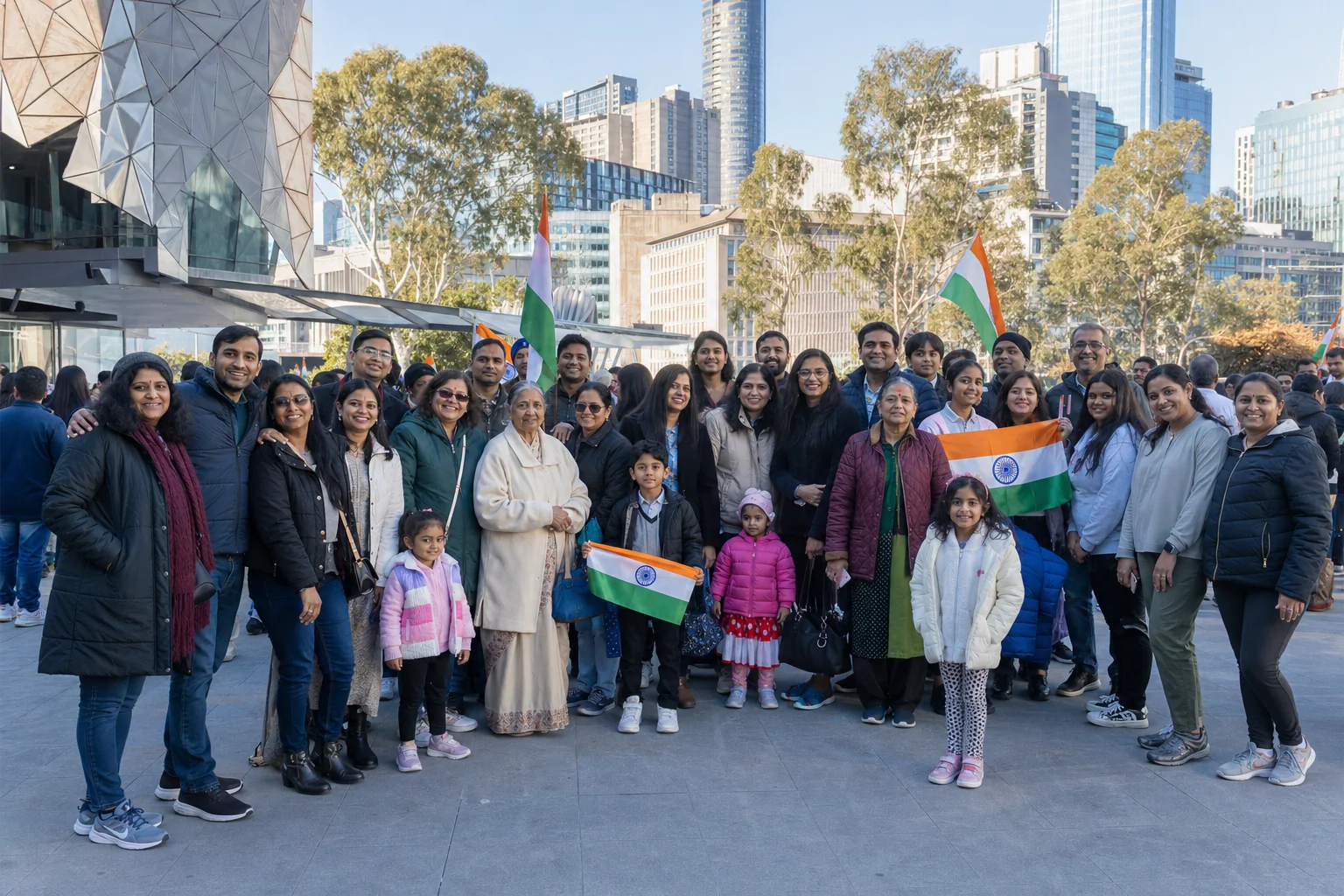 Indian-Australian families celebrating India Independence Day in an Australian city plaza