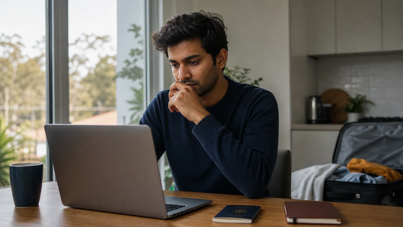 Young Indian Work and Holiday visa applicant checking an online application at home in Australia