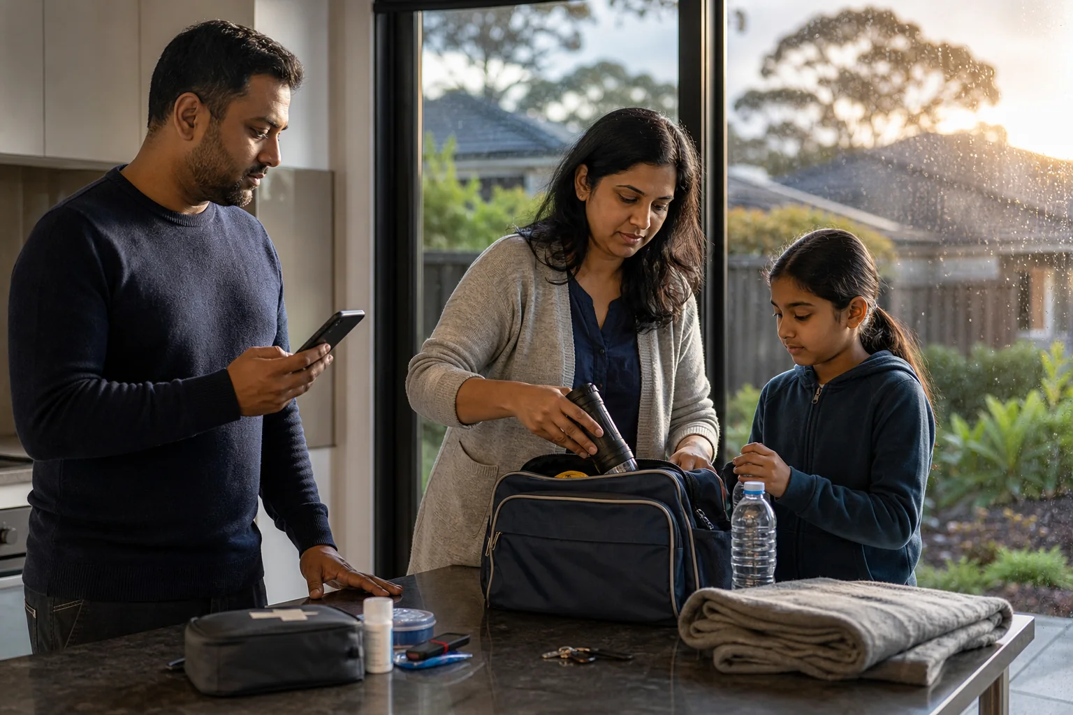 Indian-Australian family preparing an emergency kit while checking wet weather alerts at home