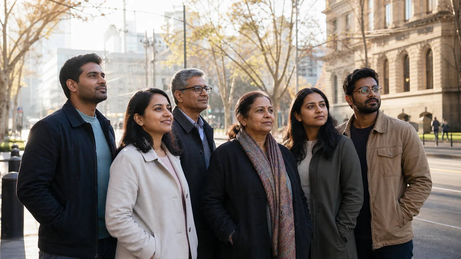 A diverse group of Indian Australians standing together in an Australian city setting