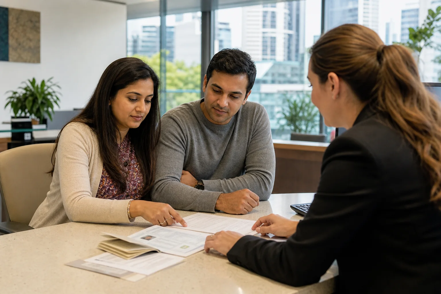 Indian-Australian applicants reviewing passport and OCI documents at a consular application centre in Australia