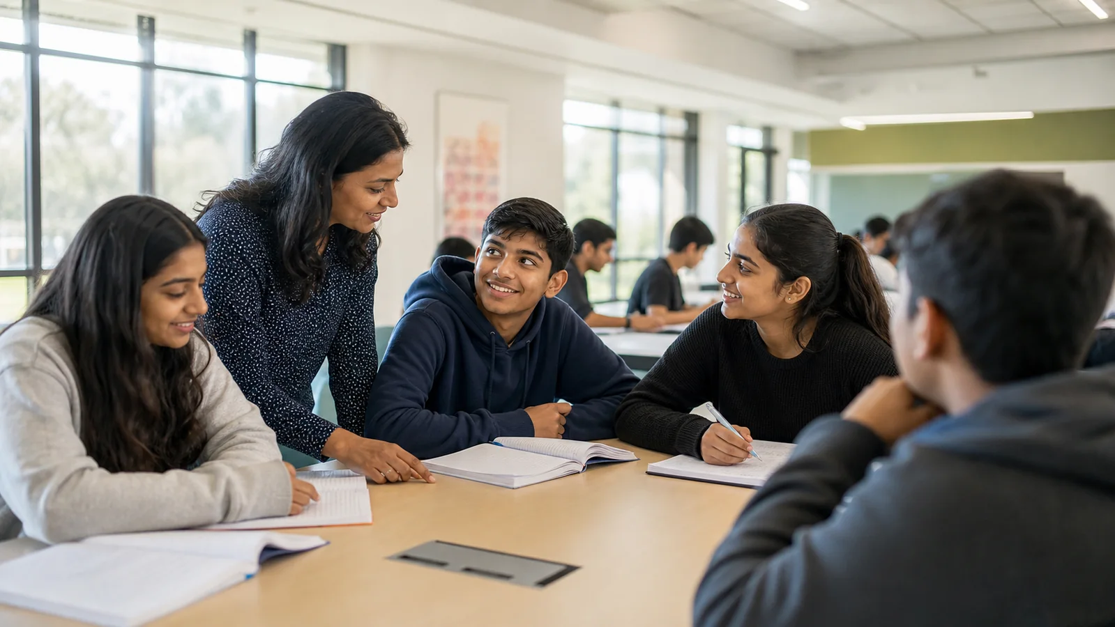 Indian-Australian secondary students learning a community language with their teacher in a modern Australian classroom