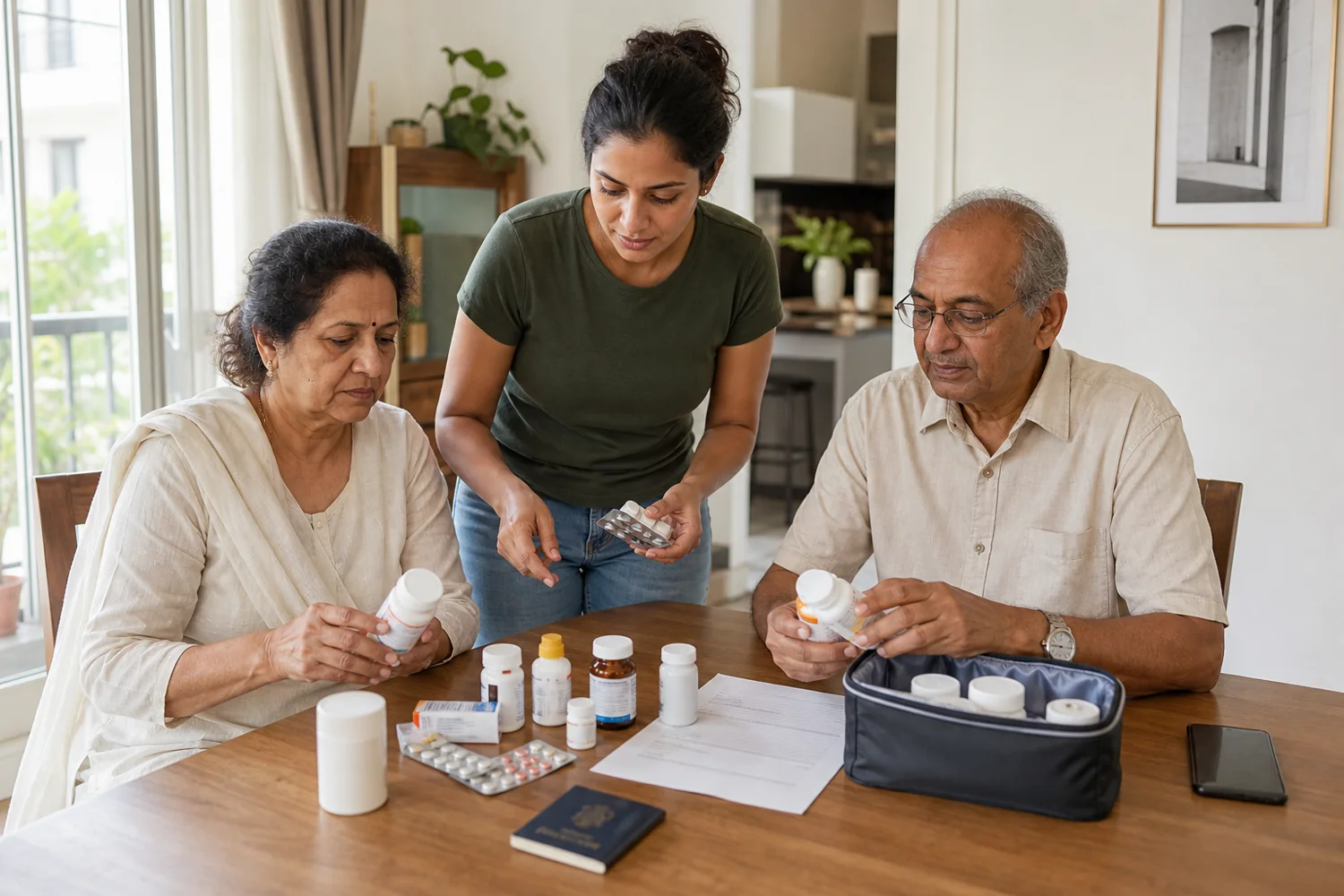 Older Indian parents organising prescription medicines and travel documents with their Indian-Australian daughter