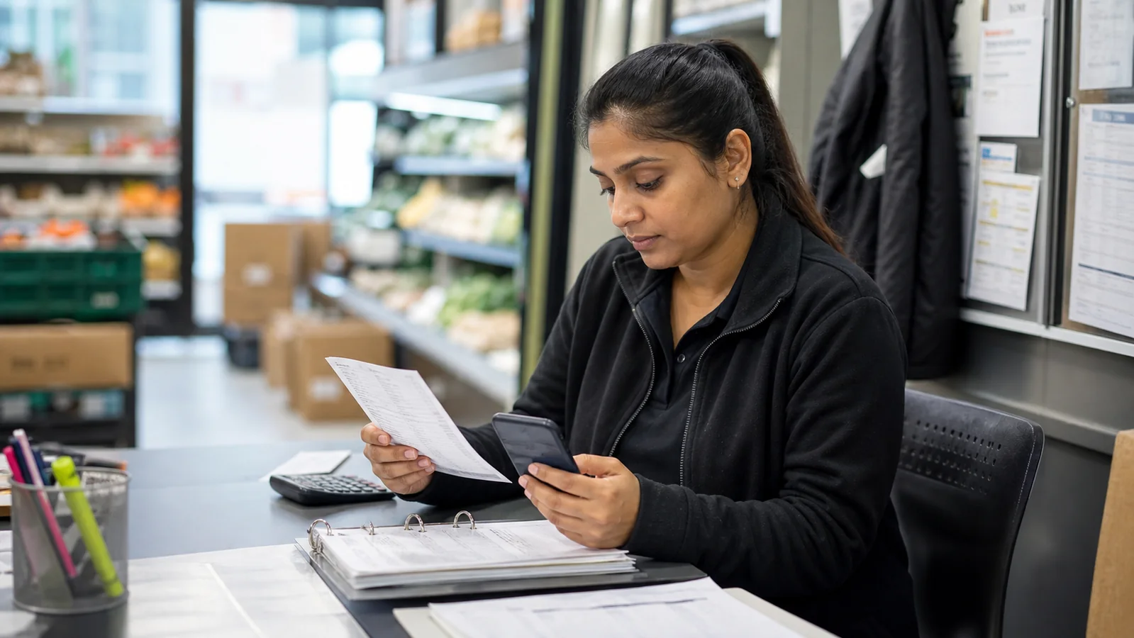 Indian-Australian retail worker checking a payslip and roster in a Sydney grocery workplace