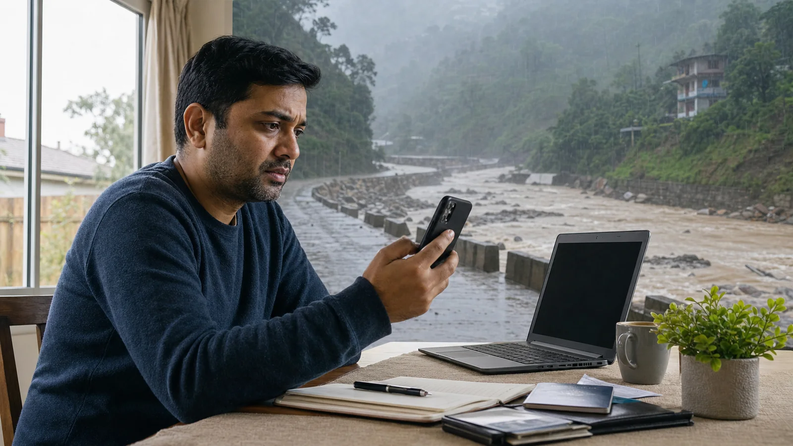 Indian-Australian family member checking a phone as severe flooding affects a mountain road in Nepal