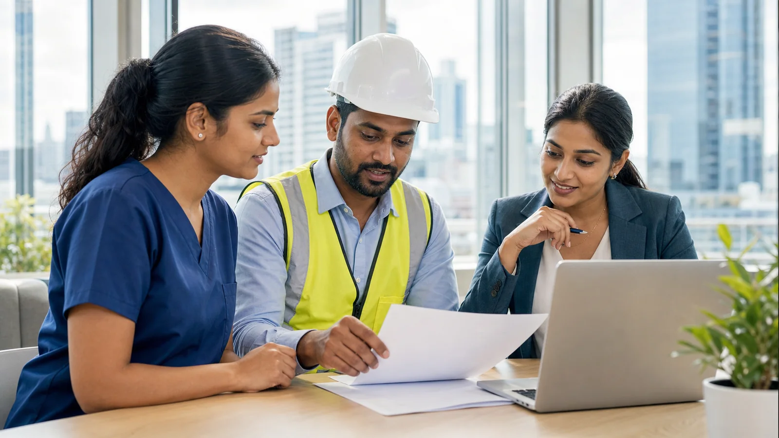 Indian-Australian healthcare, construction and technology professionals discussing skilled visa pathways in a modern office