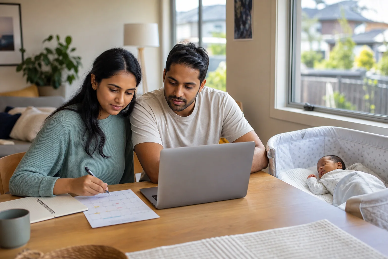 Indian-Australian parents caring for their newborn while reviewing Paid Parental Leave information at home