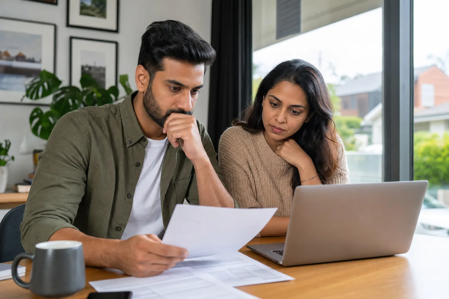 Indian-Australian couple reviewing partner and family visa documents together at home
