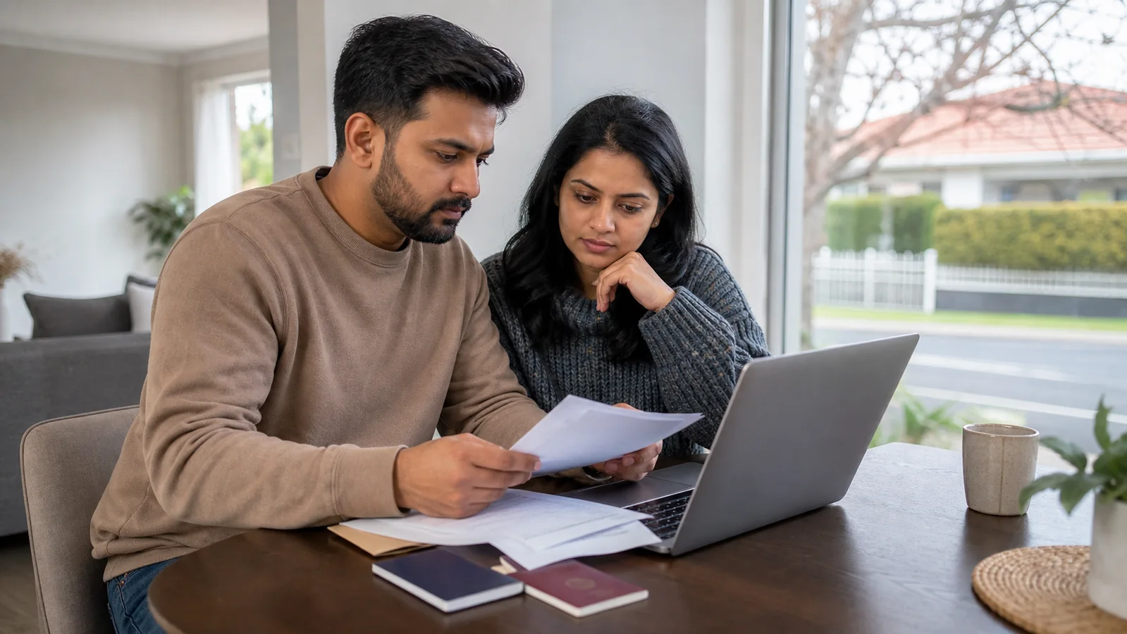 Indian Australian couple reviewing visa documents and a laptop at home