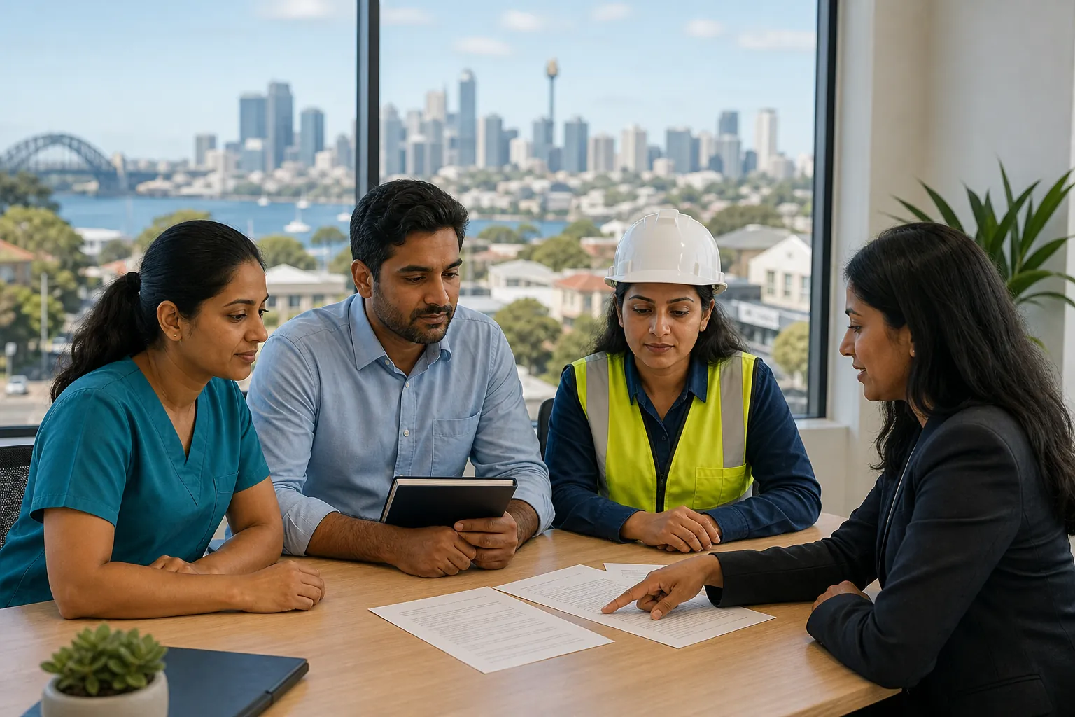 Indian nurse, teacher and construction professional reviewing Australian skilled visa documents with an adviser