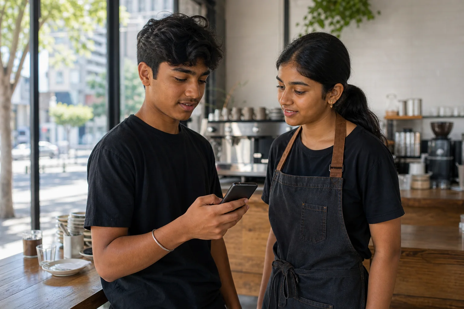 Indian-Australian teenage café workers checking a digital payslip after a casual shift