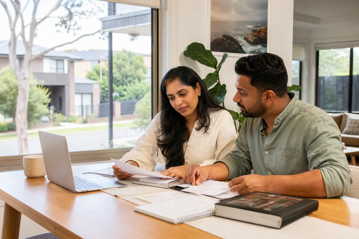 Indian-Australian couple organising household documents and relationship evidence for an Australian partner visa application