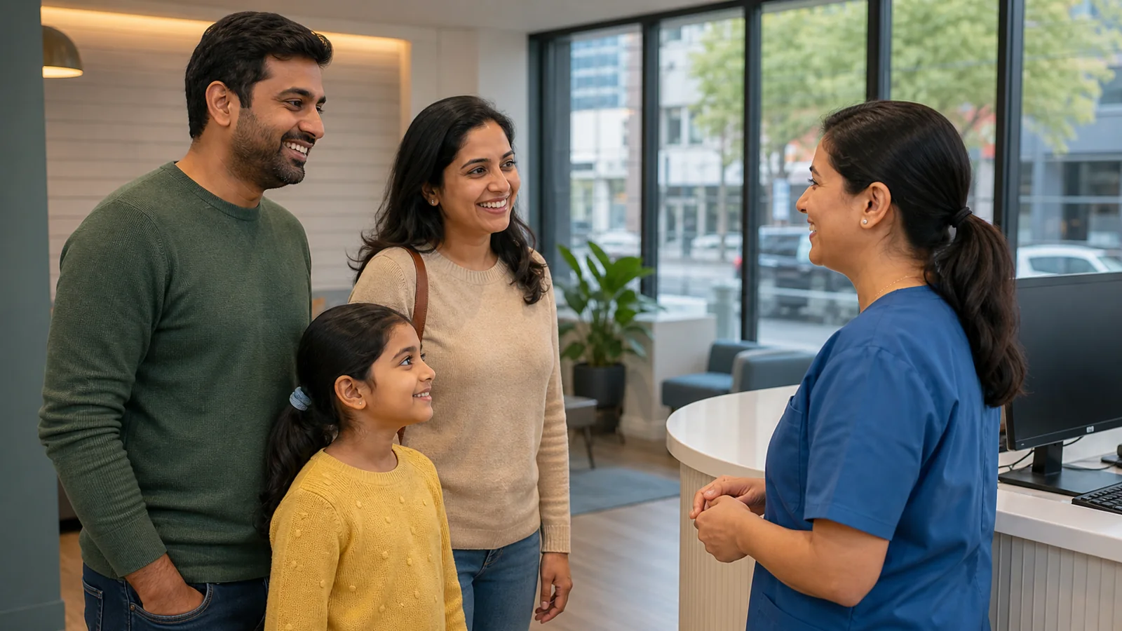 Indian-Australian family welcomed by a healthcare worker at a modern Victorian dental clinic