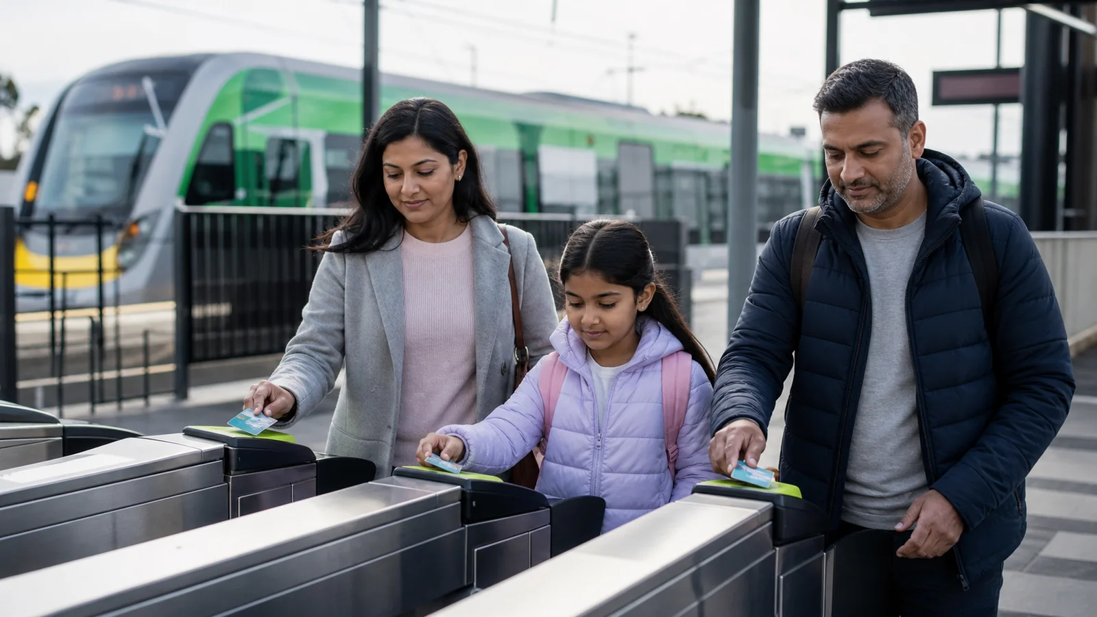 Indian-Australian family using Myki cards at a Melbourne suburban railway station