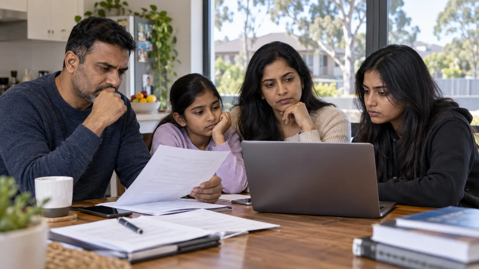 Indian-Australian family and international student reviewing migration information together at home