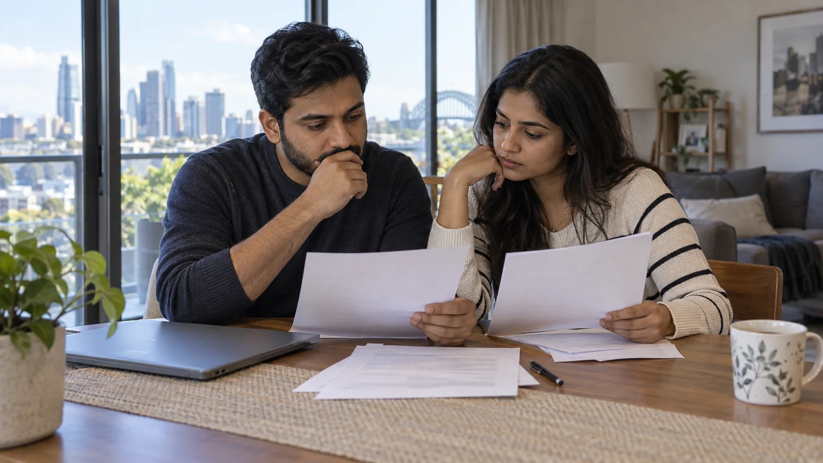 Indian international student couple reviewing Australian student visa and family application documents at home