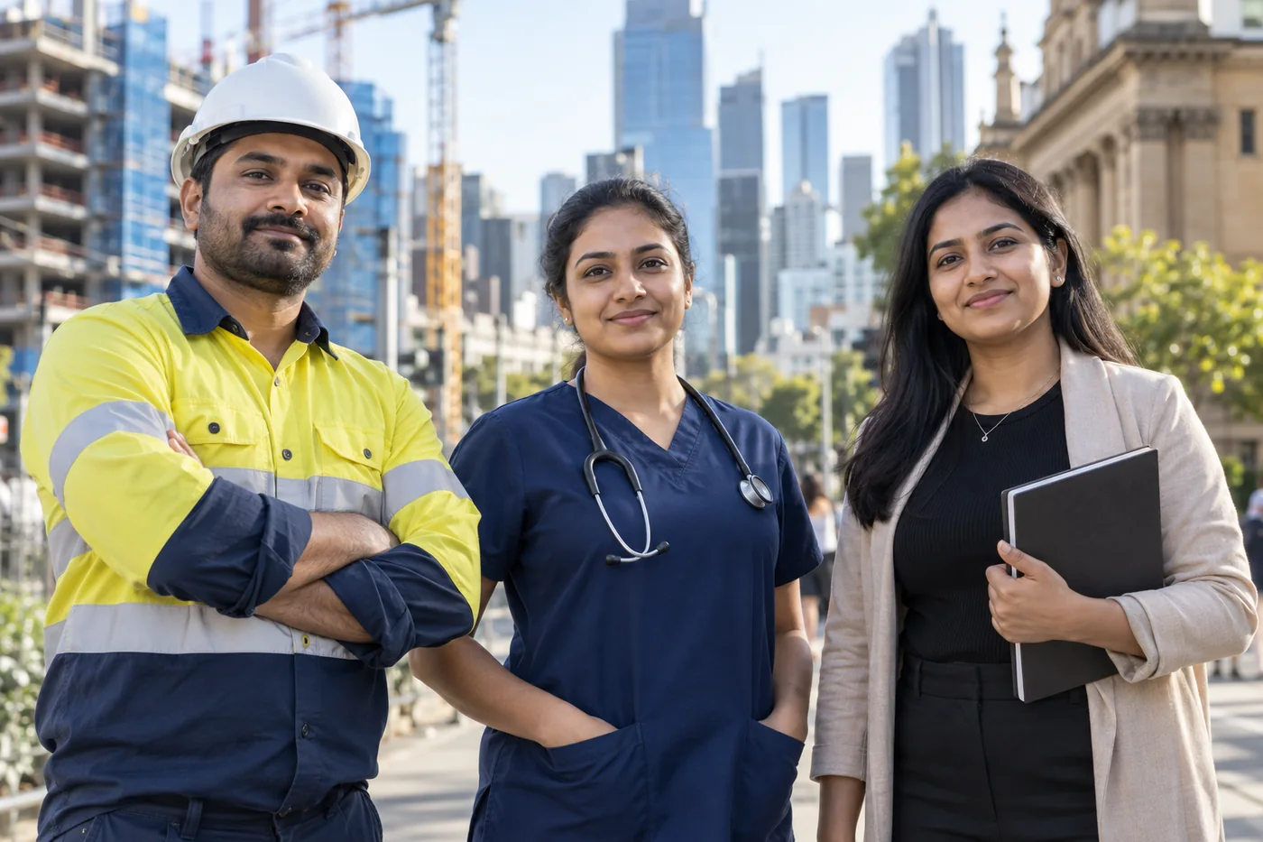 Indian-Australian construction, healthcare and teaching professionals in a modern Australian city