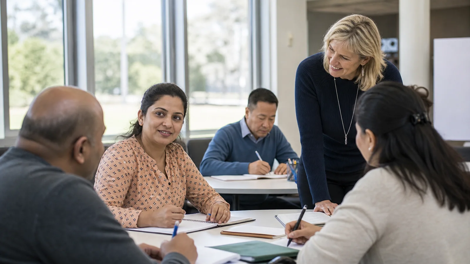 Indian-Australian adult learner taking part in an English class at an Australian community education centre