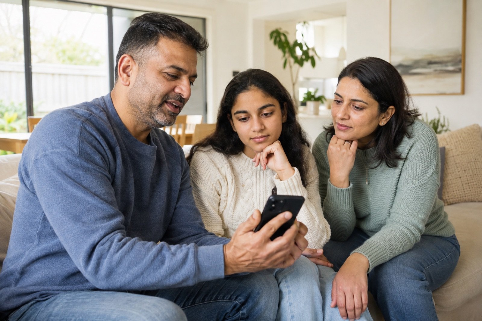 Indian-Australian parents discussing social media safety and algorithm settings with their teenage daughter at home