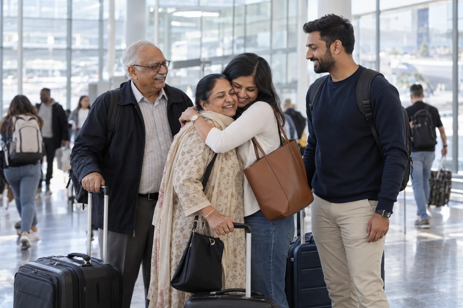 Multigenerational Indian family reuniting in an Australian airport arrivals hall ahead of visitor visa changes