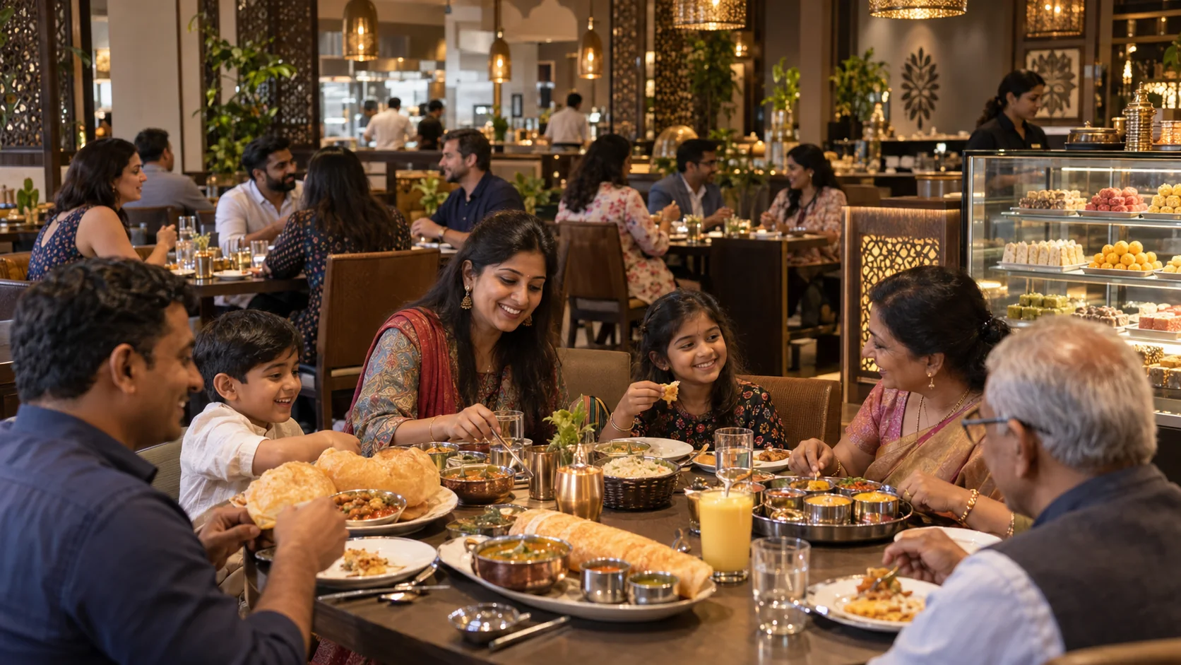 Indian-Australian families sharing vegetarian Indian dishes in a warm contemporary Adelaide restaurant