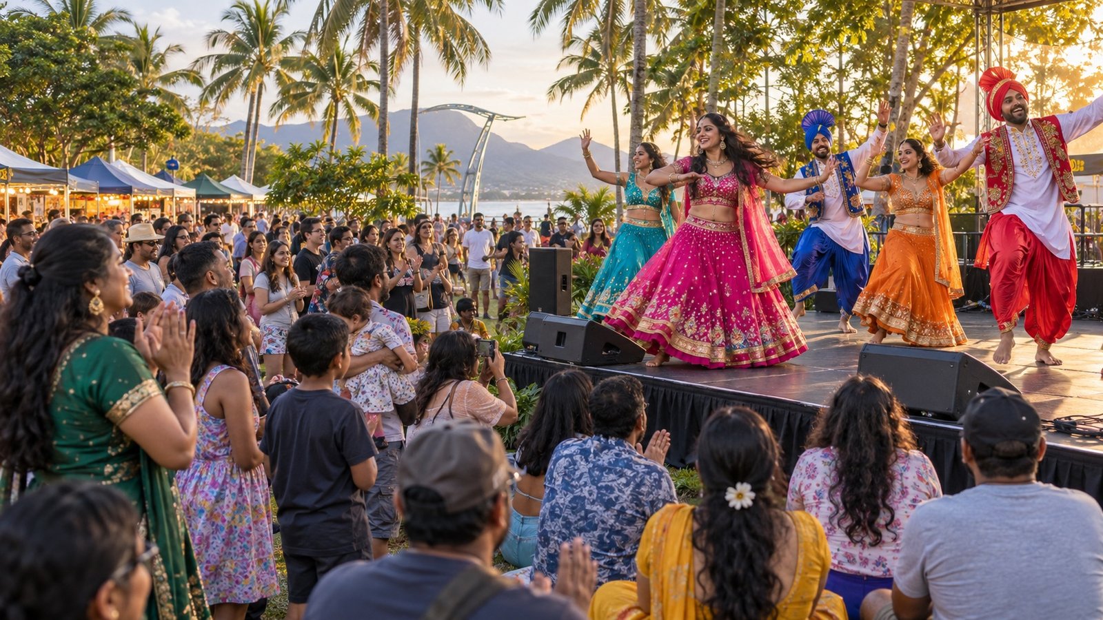 Indian-Australian families and local residents enjoying an outdoor cultural festival in tropical Cairns