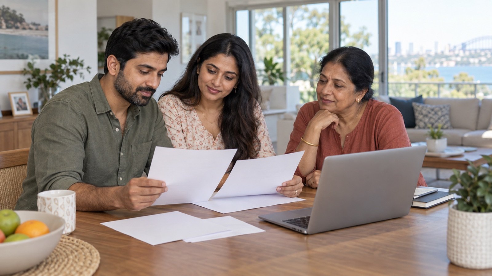 Indian-Australian family reviewing Australian family visa documents together at home