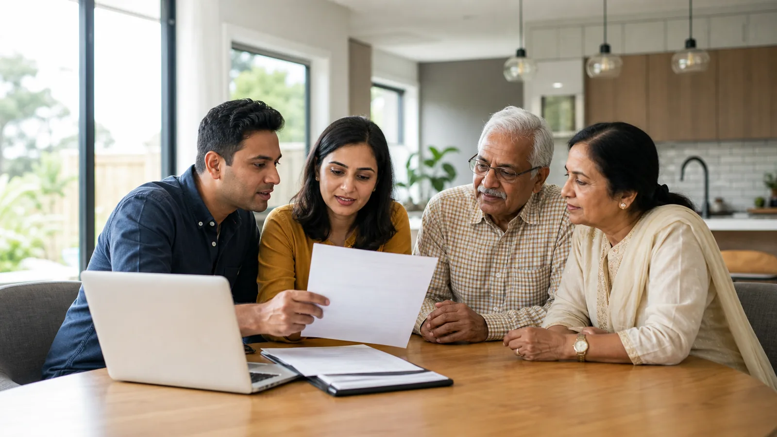 Indian-Australian family reviewing family visa documents together at home