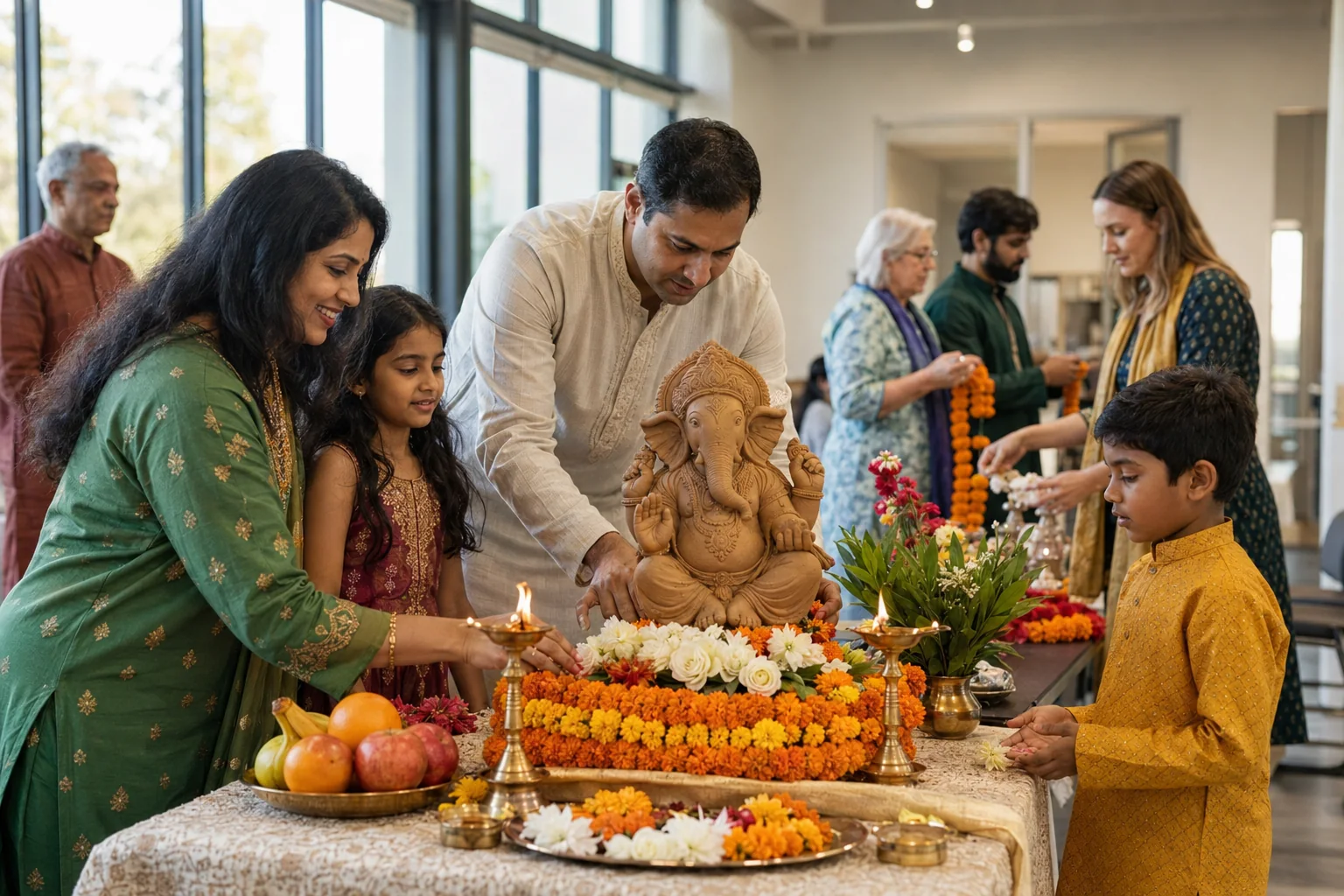 Indian-Australian families preparing flowers and an eco-friendly clay Ganesha idol for Ganesh Chaturthi in an Australian community hall.