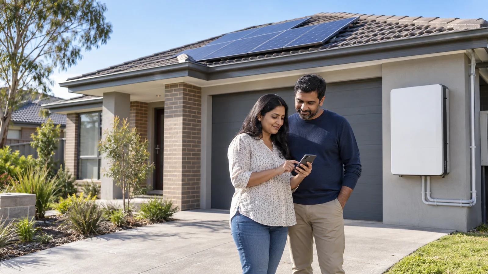 Indian-Australian couple reviewing home energy use beside a solar-powered suburban house and professionally installed battery