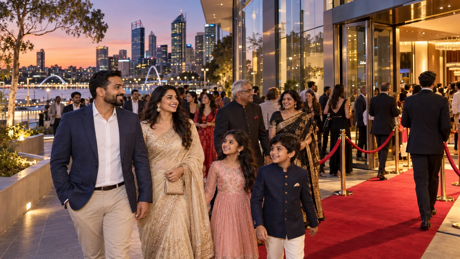 Indian-Australian families and filmgoers arriving at a cinema in Perth for an Indian film festival