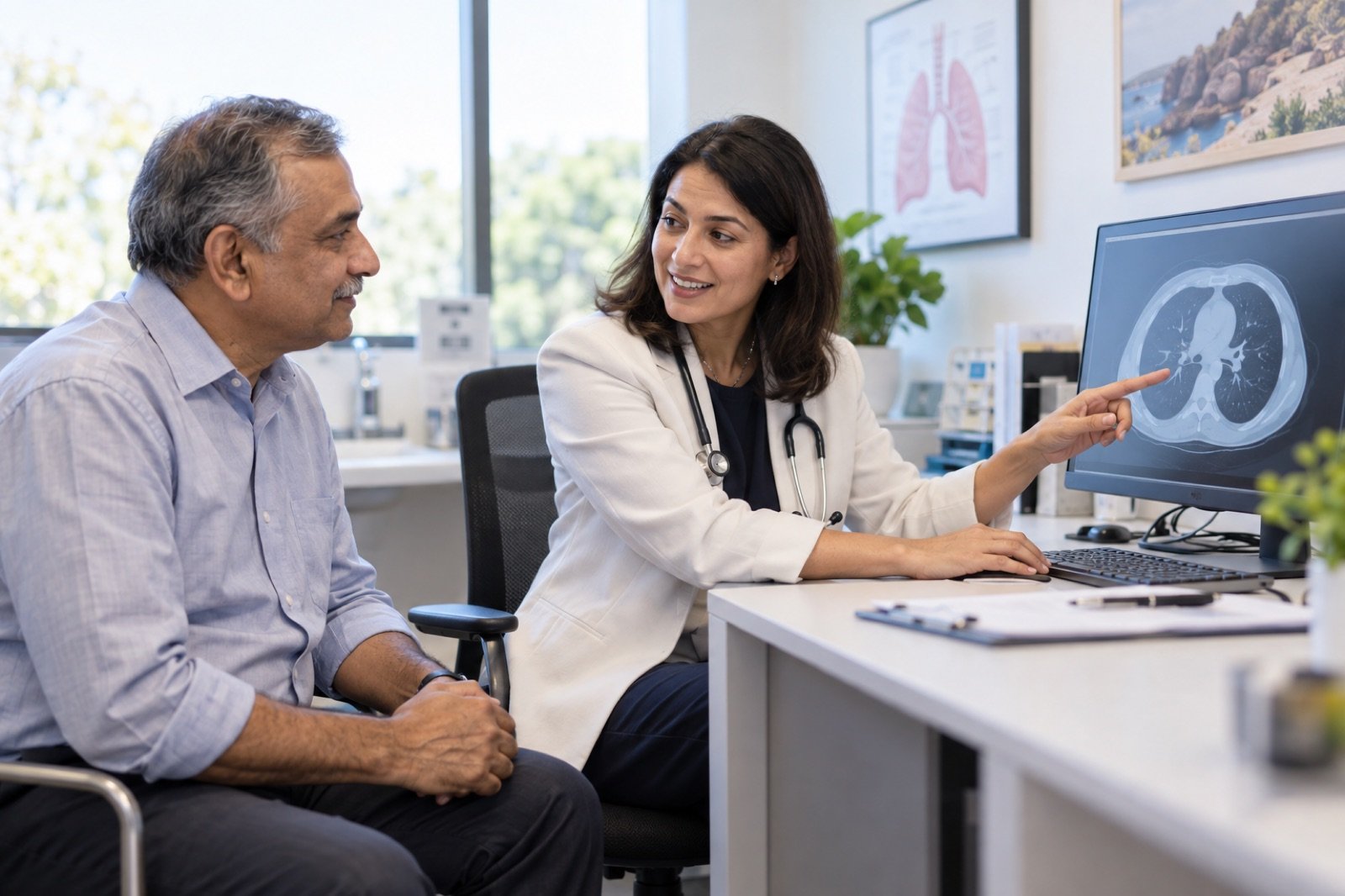 Indian-Australian man discussing a lung CT screening image with a doctor in an Australian medical clinic