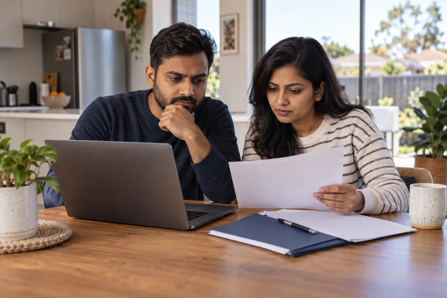 Indian-Australian couple carefully reviewing visa documents and migration advice on a laptop at home