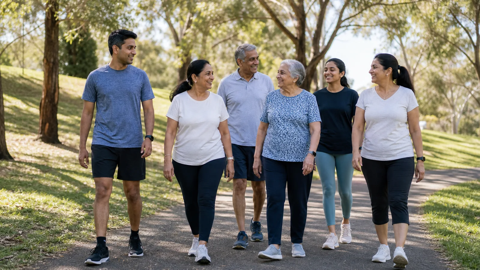 Multigenerational Indian-Australian family and friends walking together in a leafy Sydney park for Multicultural Health Week 2026