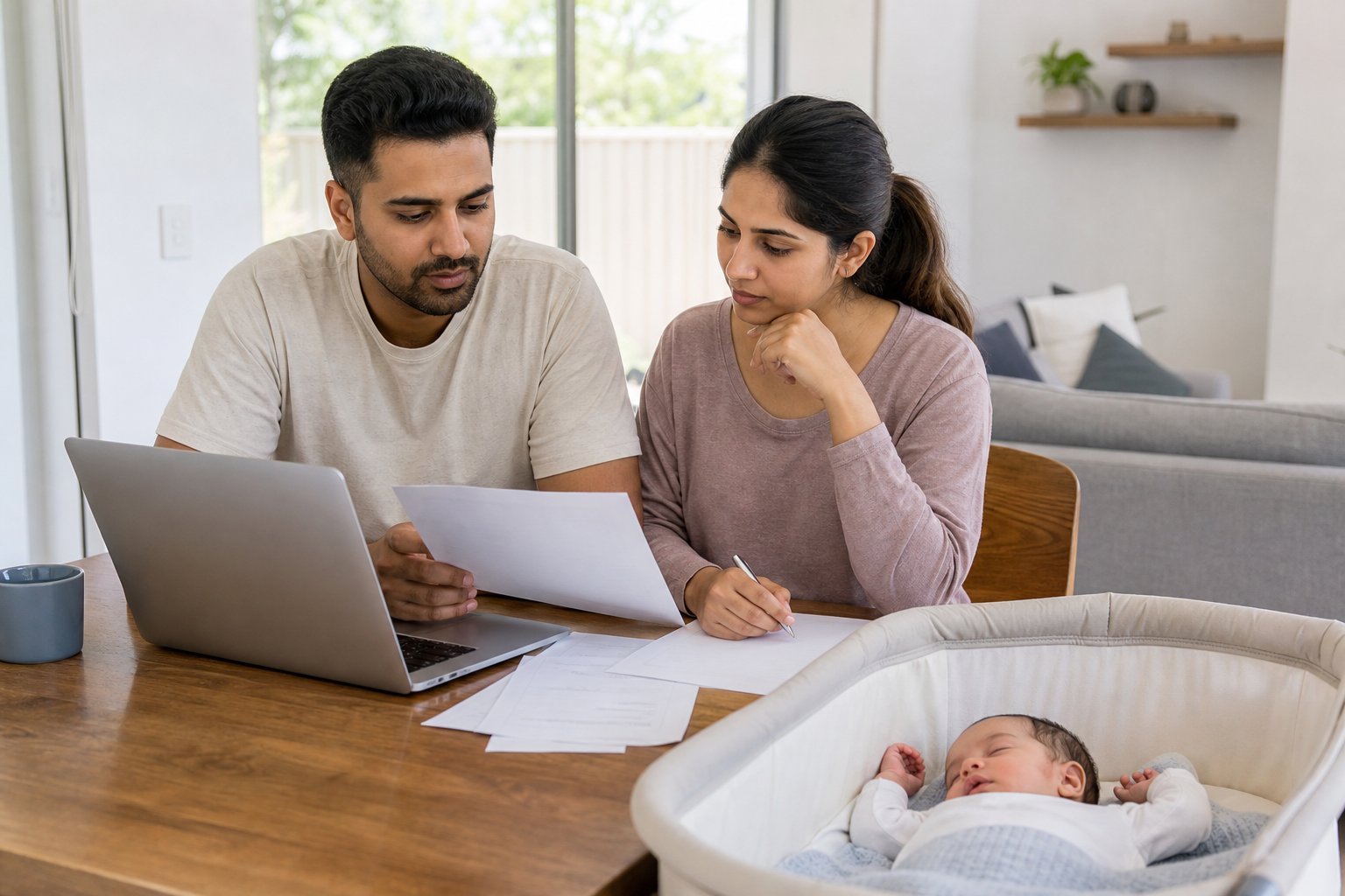 Indian-Australian parents reviewing visa and citizenship paperwork while caring for their newborn baby at home