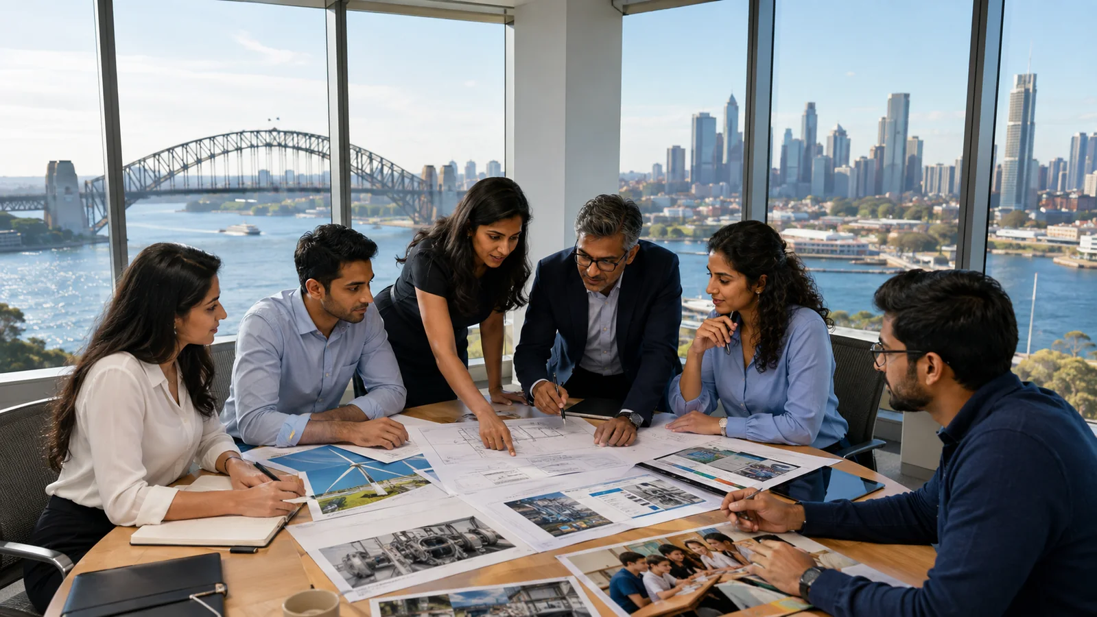 Indian-Australian professionals discussing clean energy, technology and education partnerships between NSW and Maharashtra.