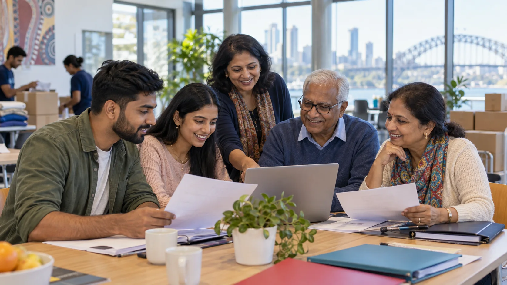 Indian-Australian volunteers preparing a NSW multicultural community award nomination in a Sydney community centre