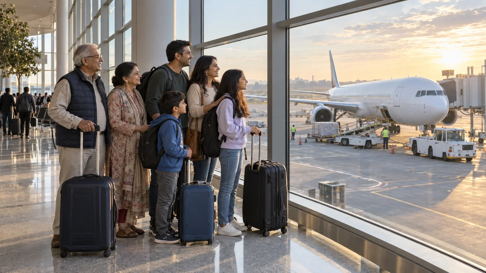 Indian-Australian family with luggage in an international airport terminal beside a passenger aircraft