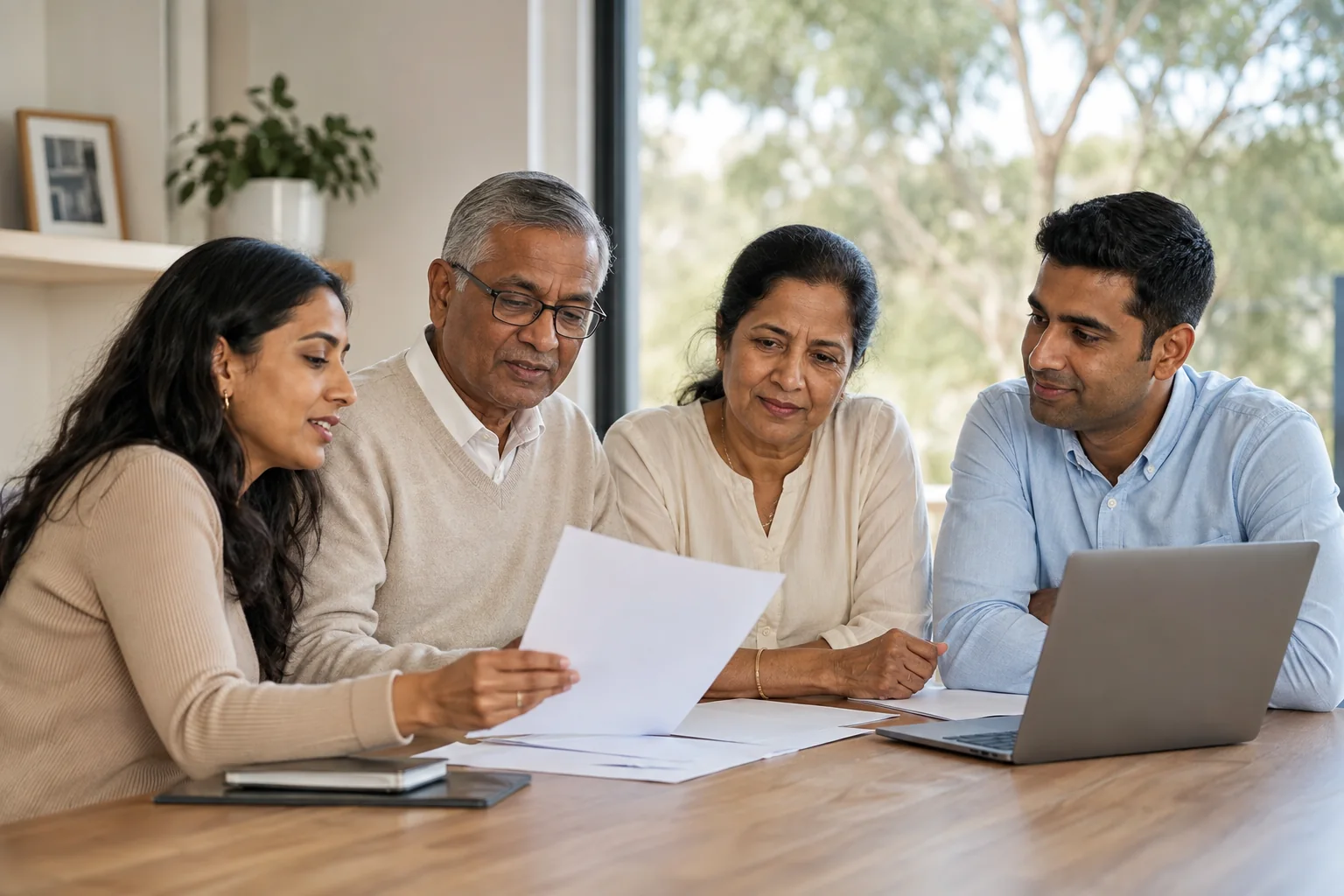Indian-Australian family reviewing Parent visa documents together at home