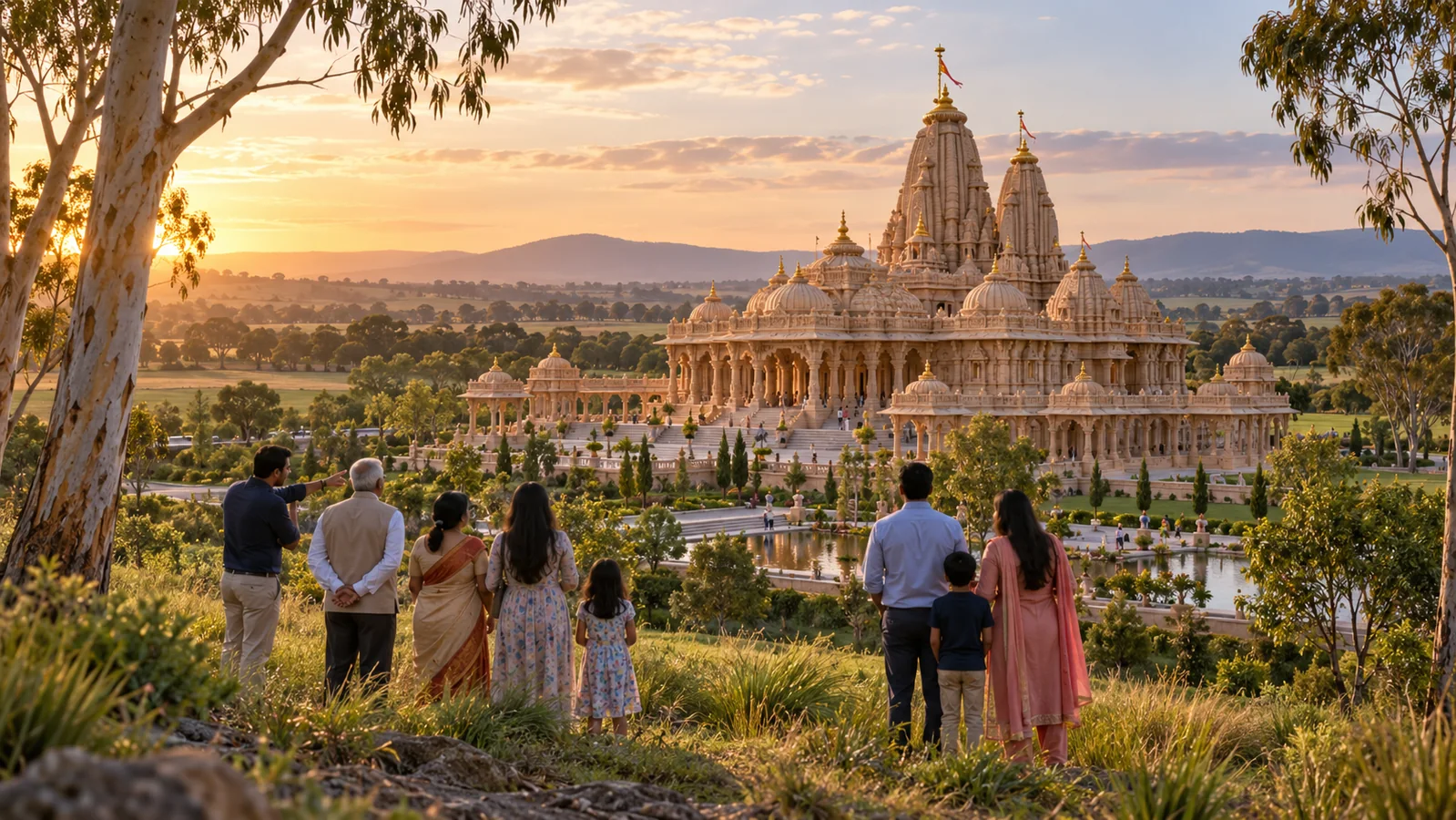 Conceptual view of a Hindu temple in green countryside near Cranbourne, Victoria